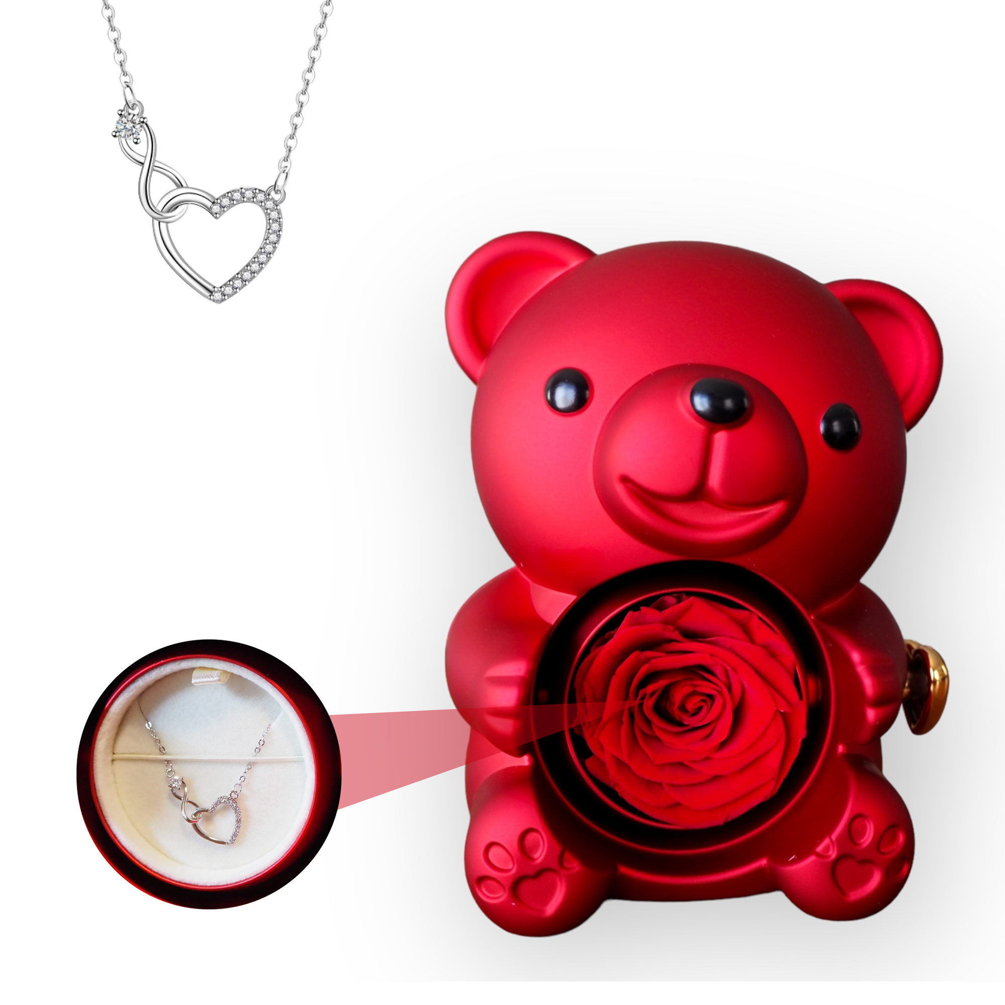 Urso Rotativo c/ Rosa Eterna e Colar Amor Infinito