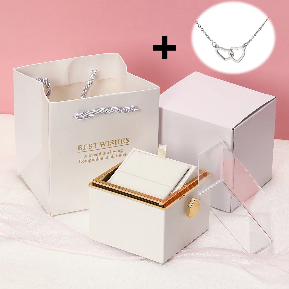 Colar Dois Corações + Caixa Rotativa de Brinde - Cor Branca Exclusiva