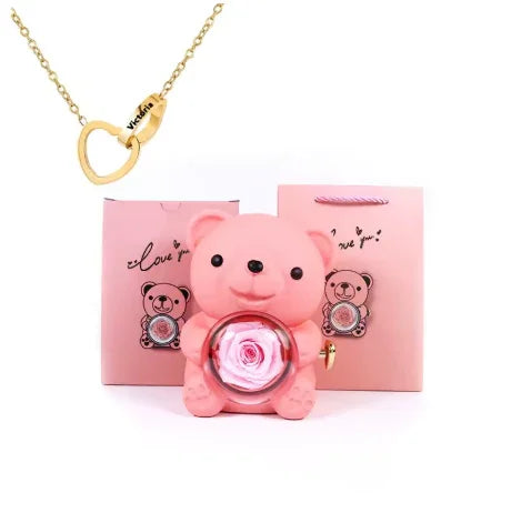 Colar Laço de Amor + Urso com Rosa Eterna
