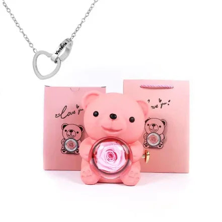 Colar Laço de Amor + Urso com Rosa Eterna