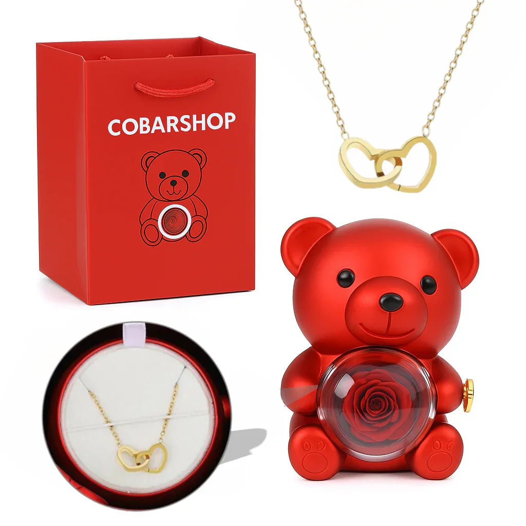 Colar Laço de Amor + Urso com Rosa Eterna